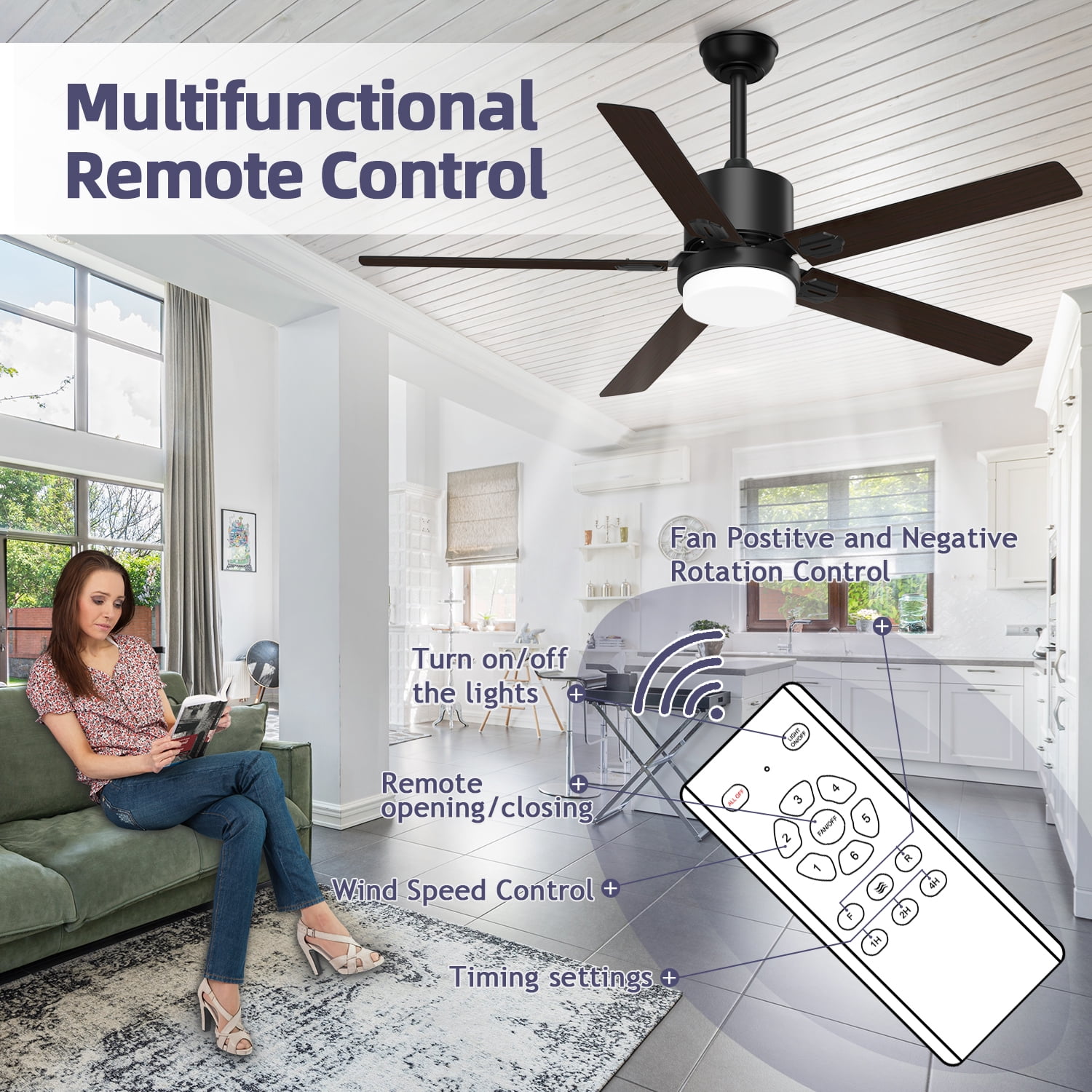 Xaujix Ceiling Fans with Lights and Remote Control, 60" Indoor Outdoor Ceiling Fan 6-Speed Silent Reversible Motor for Patio Farmhouse Bedroom Living Room, Walnut&Black