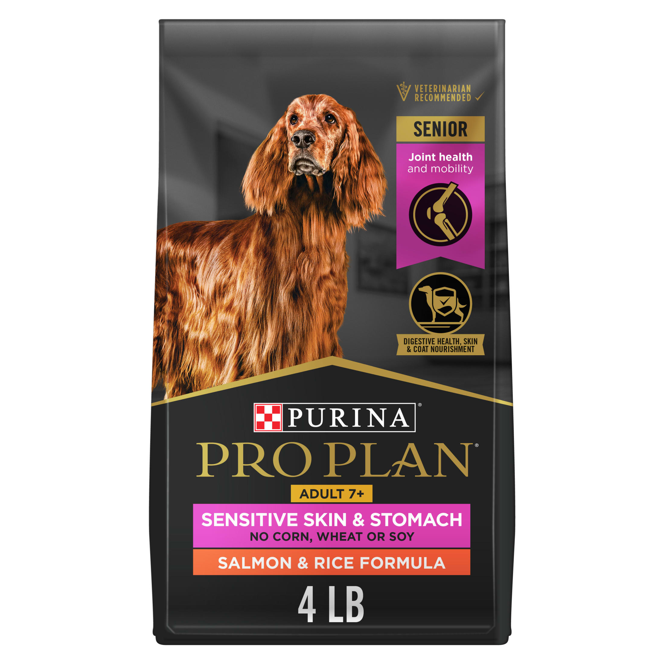 Purina Pro Plan Sensitive Skin and Sensitive Stomach Dog Food Senior Dogs Adult 7 Plus Salmon and Rice Formula, 4 lb Bag