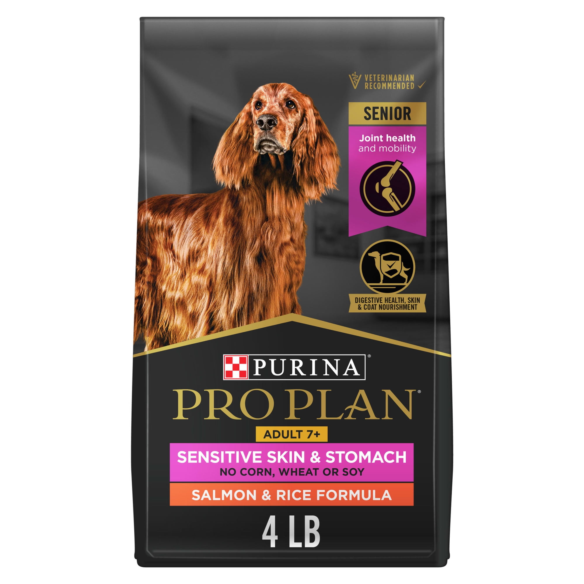 Purina Pro Plan Sensitive Skin and Sensitive Stomach Dog Food Senior Dogs Adult 7 Plus Salmon and Rice Formula, 4 lb Bag