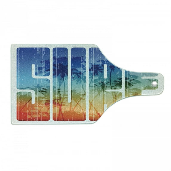 Surf Cutting Board, Summer Theme Retro Letters That Reflect the Seacoast Palm Tree Extreme Sports Art, Tempered Glass Cutting and Serving Board, Wine Bottle Shape, Navy Orange, by Ambesonne