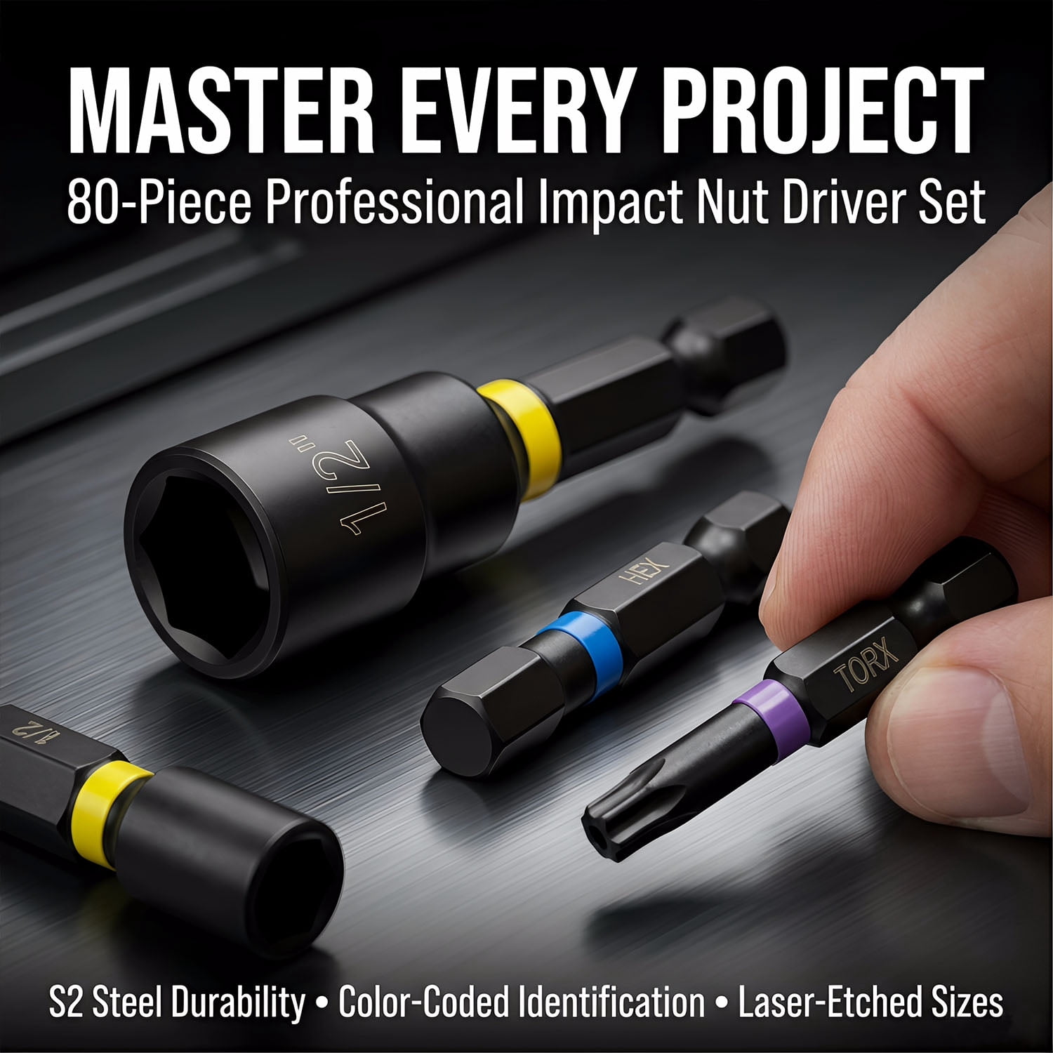 80Pcs Premium Magnetic Impact Nut Driver Set with Socket Adapters, Bit Holder, Wing Nut Driver, Universal Sockets, Quick Release Extension, Power Bits