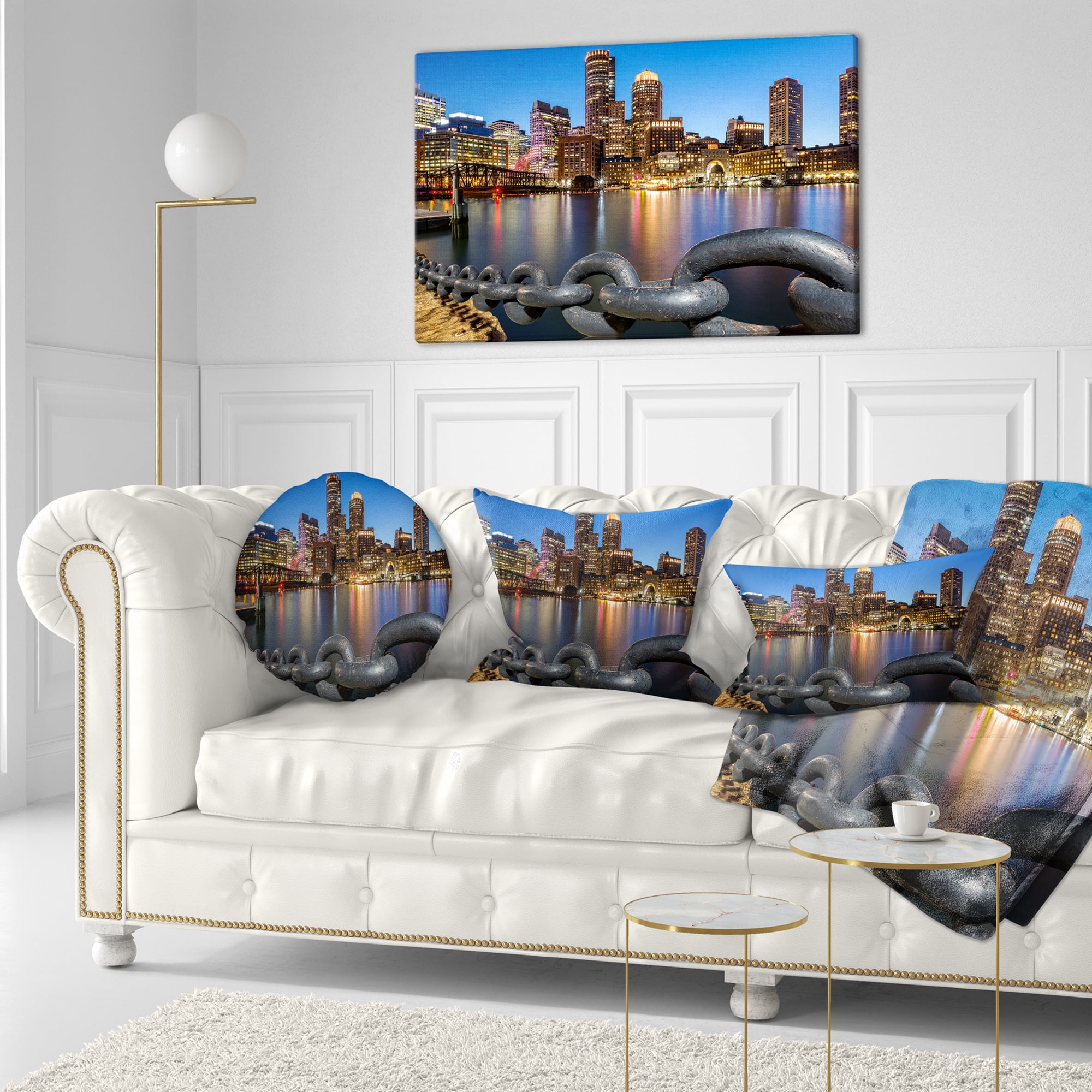 Designart Boston Skyline at Dusk - Cityscape Photo Throw Pillow - 12x20