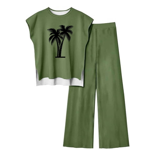 Pantalones Casuales sin Mangas Impresos con Cuello Redondo Conjunto Superior, Pantalones Ligeros Mujeres para Primavera Verano