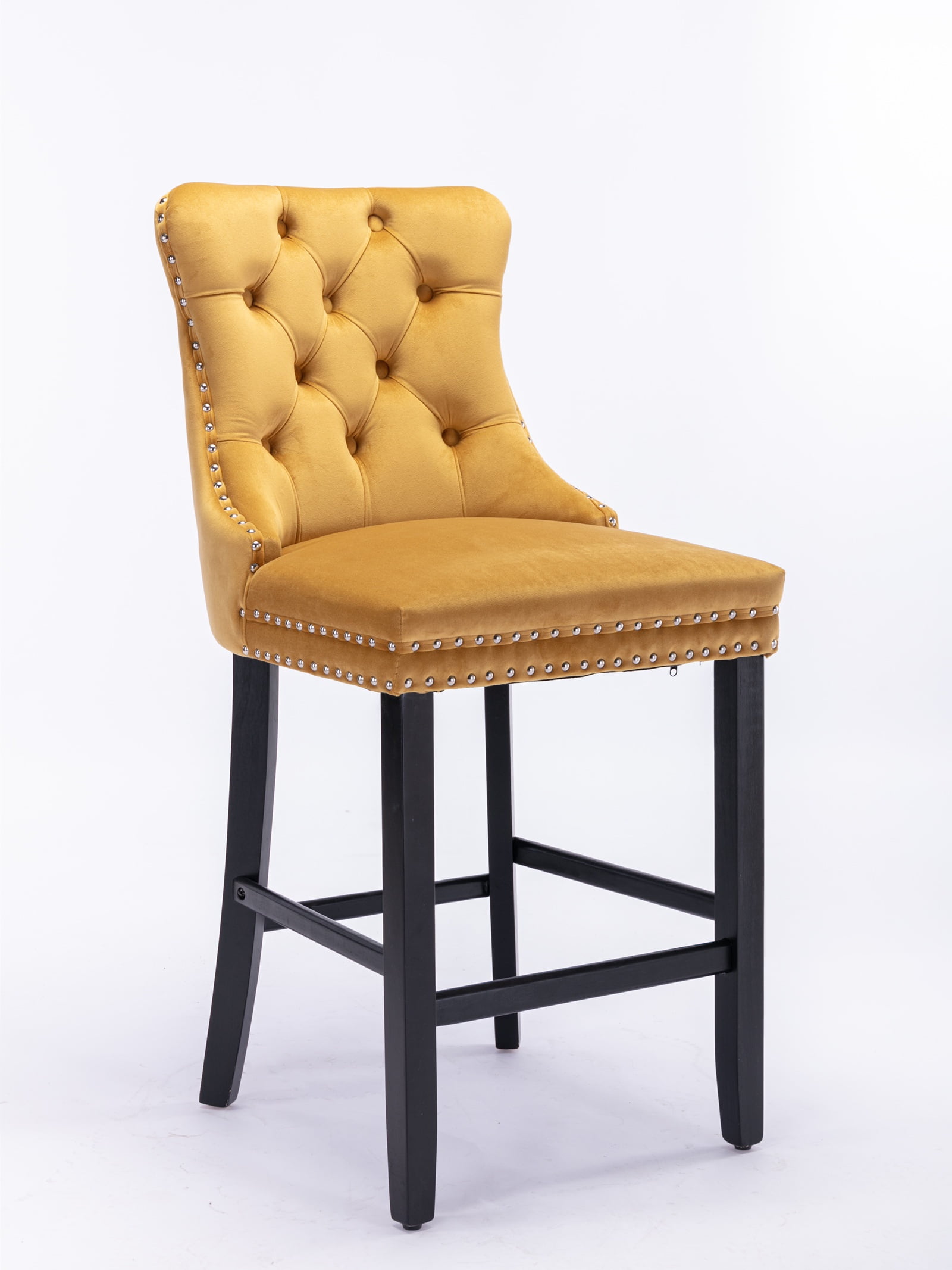 Paproos Upholstered Bar Stools Set of 2, Velvet Barstools with Wood Legs and Tufted, Modern Leisure Counter Height Bar Chairs with Chrome Nailhead Trim for Home Pub and Kitchen Island, Gold