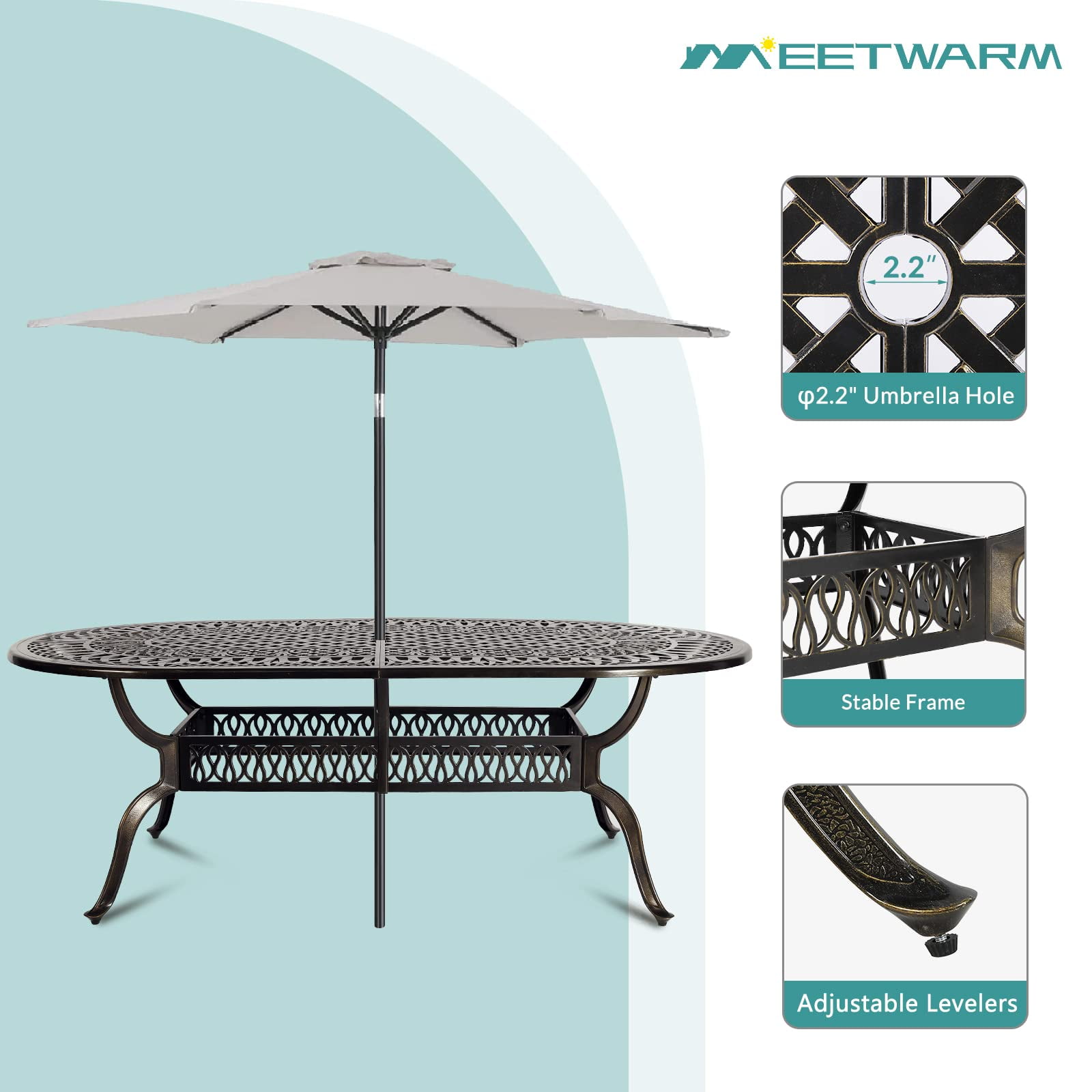MEETWARM 9-Piece Outdoor Furniture Dining Set, All Weather Cast Aluminum Patio Garden Set with 8 Chairs, 8 Cushions, 1 Oval Table, 2.2" Umbrella Hole, Dark Bronze