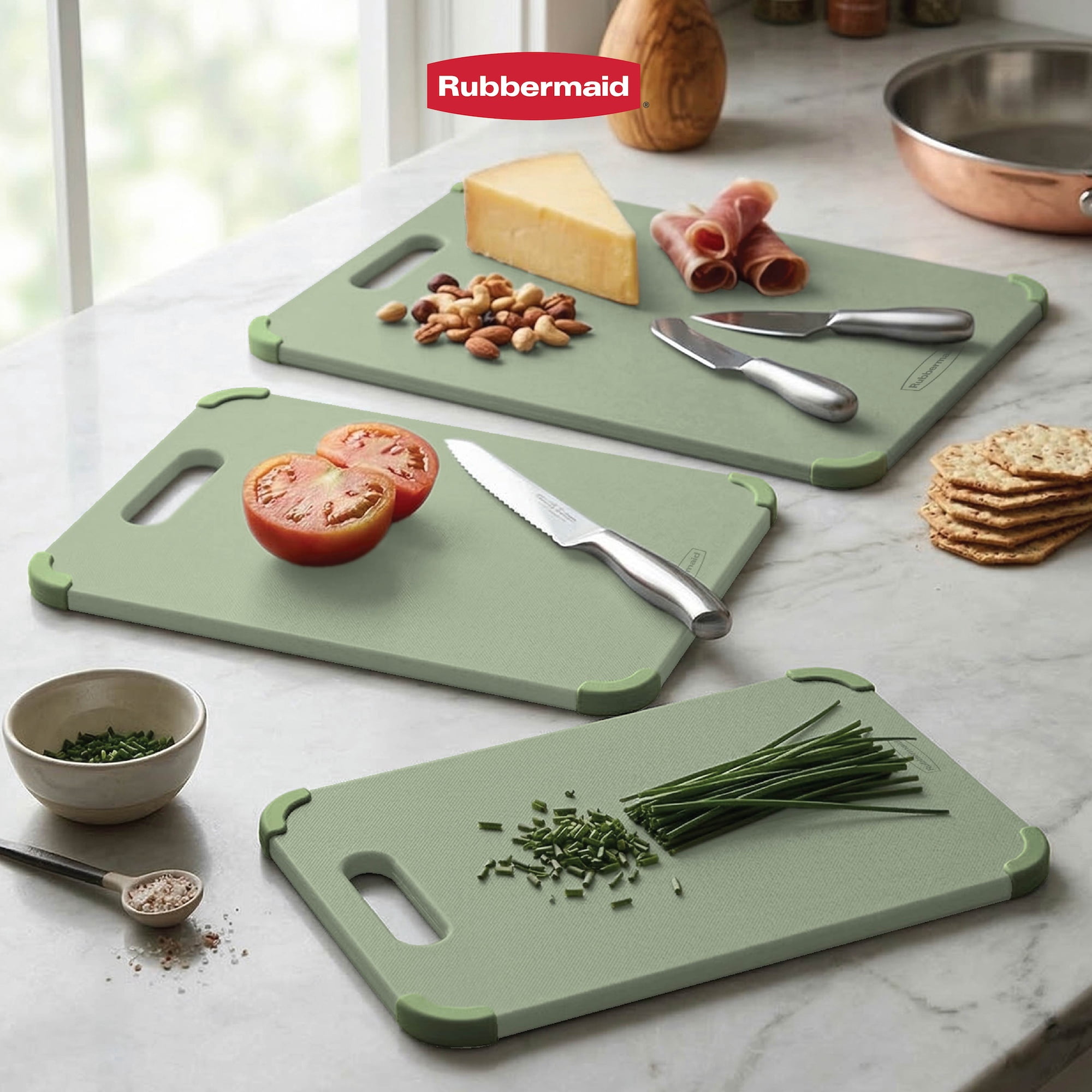 Rubbermaid 3-Piece Wheat Fiber Cutting Board Set with Non-Skid Corners, Pastel Green