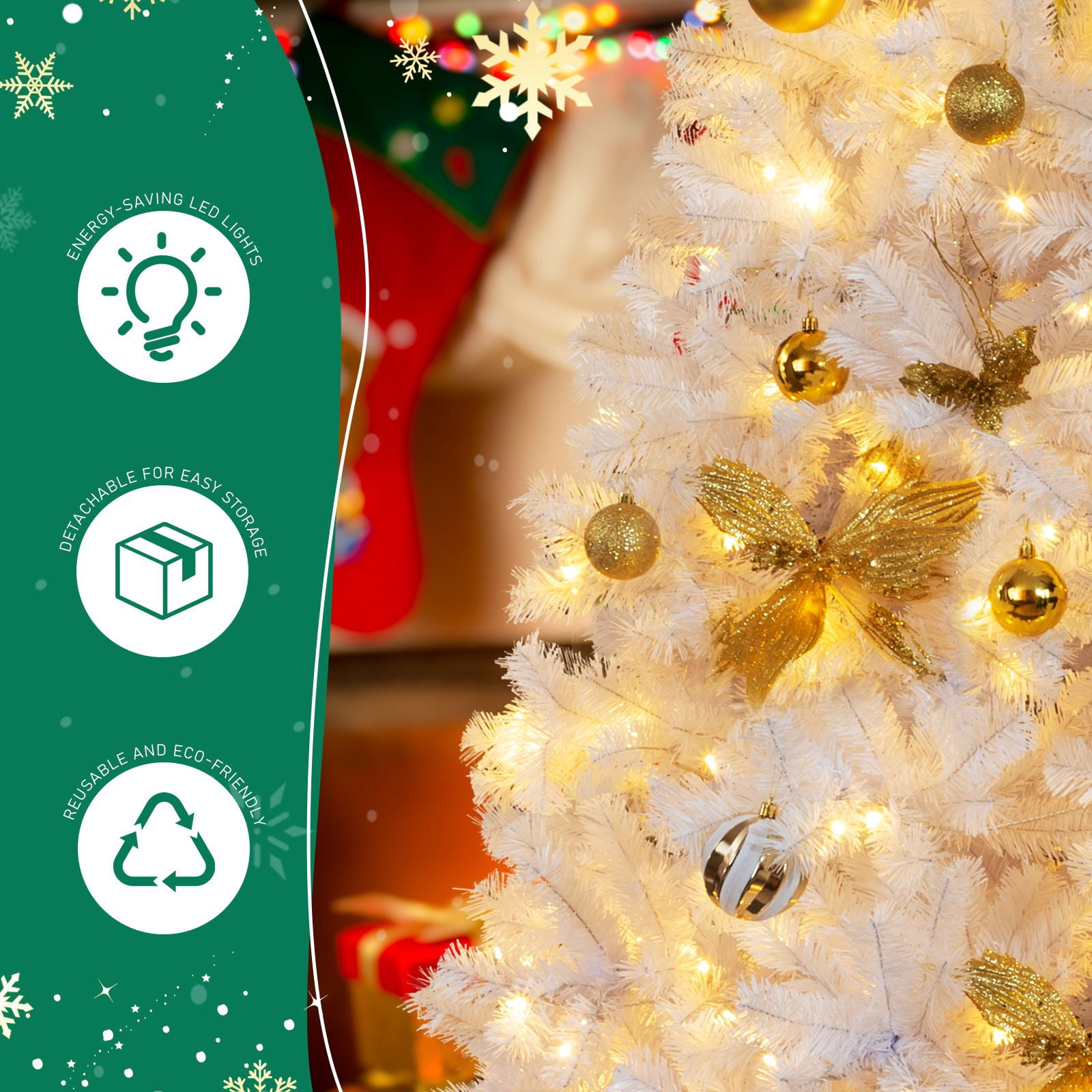 7.5 FT Artificial Christmas Tree with DIY 400 Warm White LED Lights, Hinged Xmas Pine Tree with Tree Skirt and Holiday Ornaments for Holiday Party Office Home, White Tree & Golden Decor
