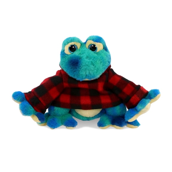 DolliBu Blue Tie-Dye Frog with Clothes Stuffed Animal and Plaid Red Hoodie Sweater - Cute Frog Plush Lumberjack Stuffed Toy with Plaid Jacket Dress Up for Christmas, Holiday, Winter - 12 Inches