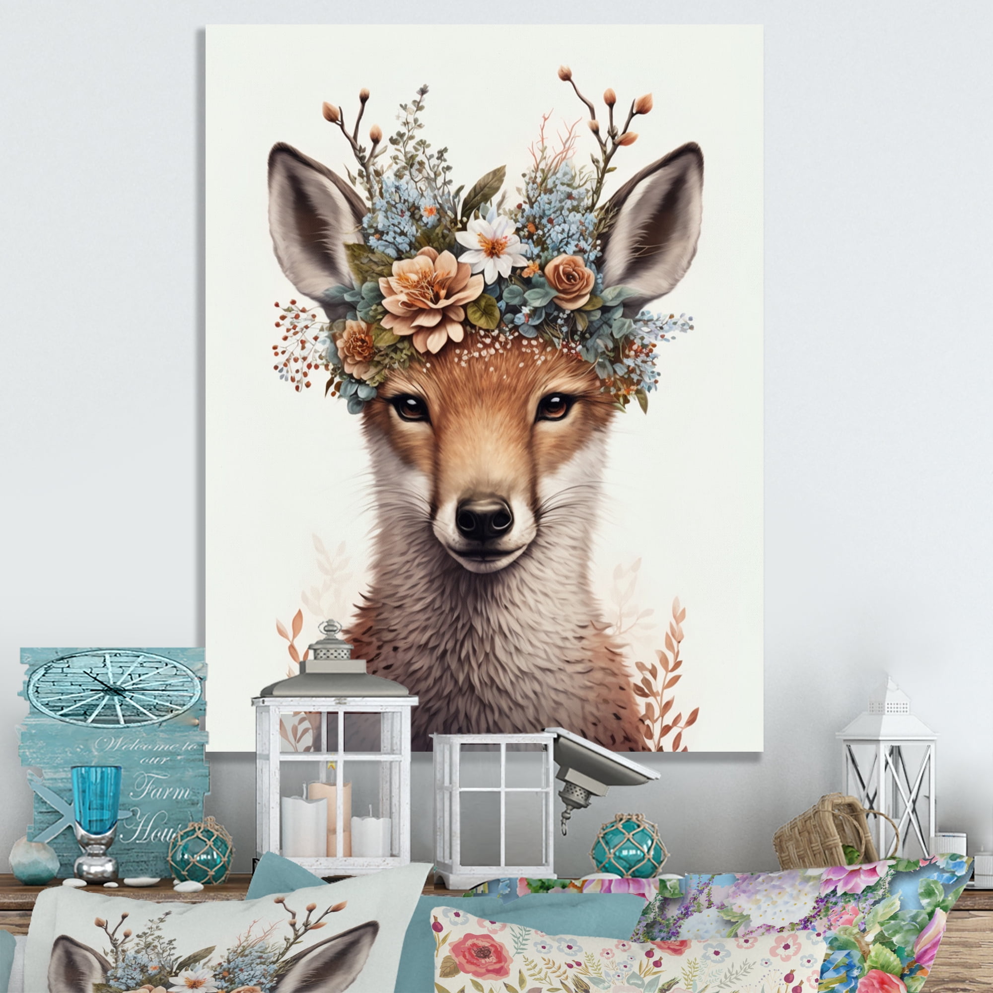 Designart Cute Baby Fox With Floral Crown V Canvas Wall Art
