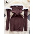 thumbnail image 2 of SINGREINY, vestido Sexy de estilo navideño para mujer, empalme de plumas sin tirantes con diseño de manga larga, Vestido corto elegante a la moda calado, 2 of 6