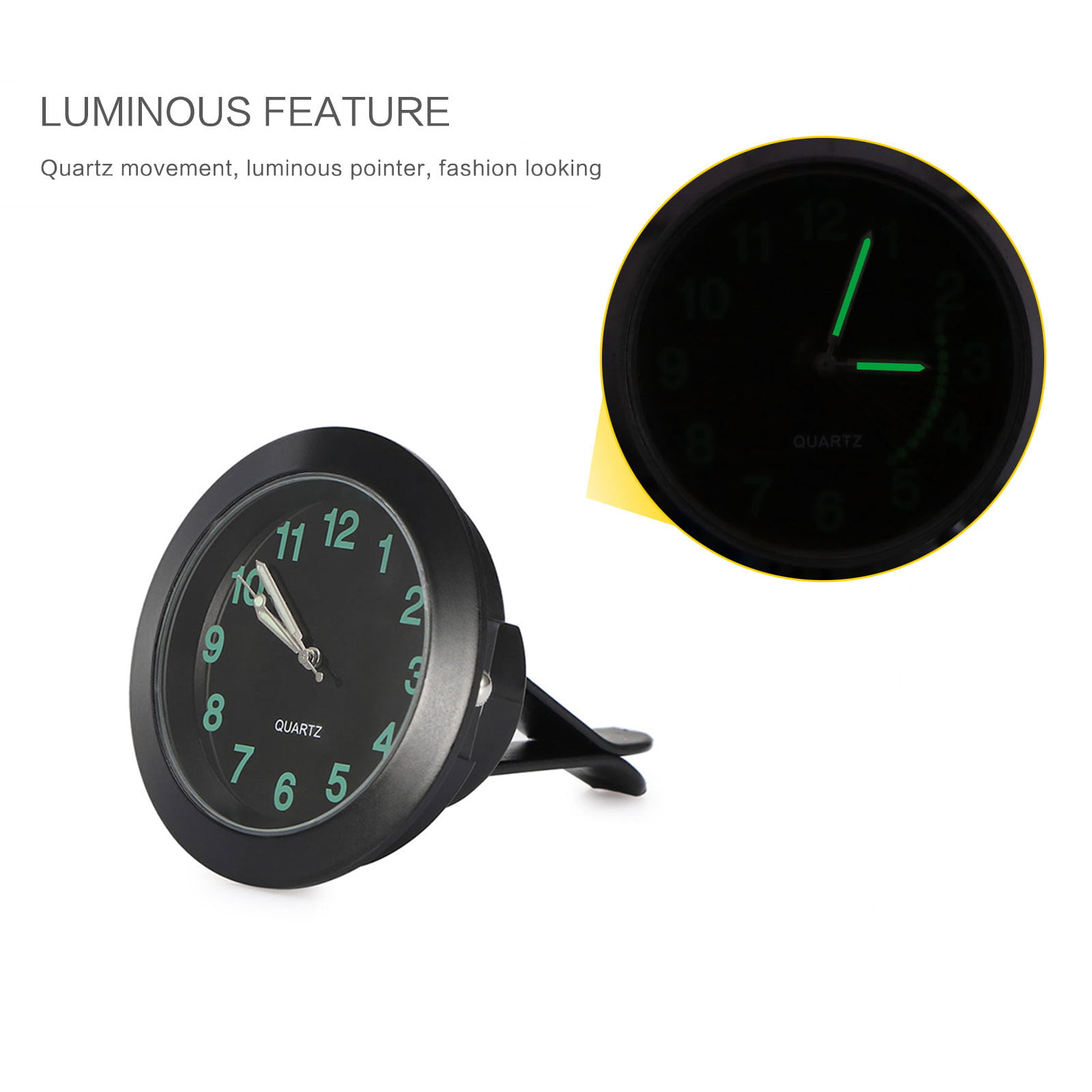 Car Air Vent Clip Clock Automobile Luminous Dashboard Clock Round Analog Quartz Clock Luminous Stick-On Clock with Clip Night Display Black 