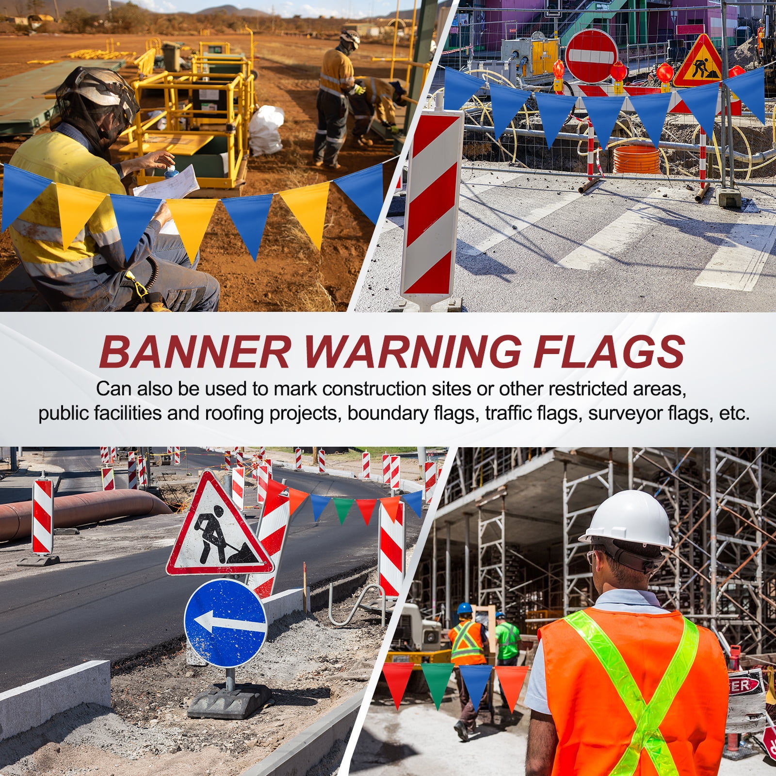 Uxcell 102Ft Pennant Banner Flags, 7"x10" Warning Flags for Construction Site Blue/Yellow