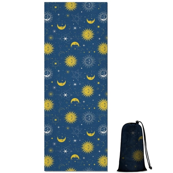 Blue Sun Moon Star Pattern Hot Yoga Mat Towel Non Slip for Hot Yoga - Quick-Drying Yoga Mat Cover with 4 Corner Pockets with Travel Bag - Hot Yoga Towel Non Slip Grip Moisture Wicking Sweat 70"x26"
