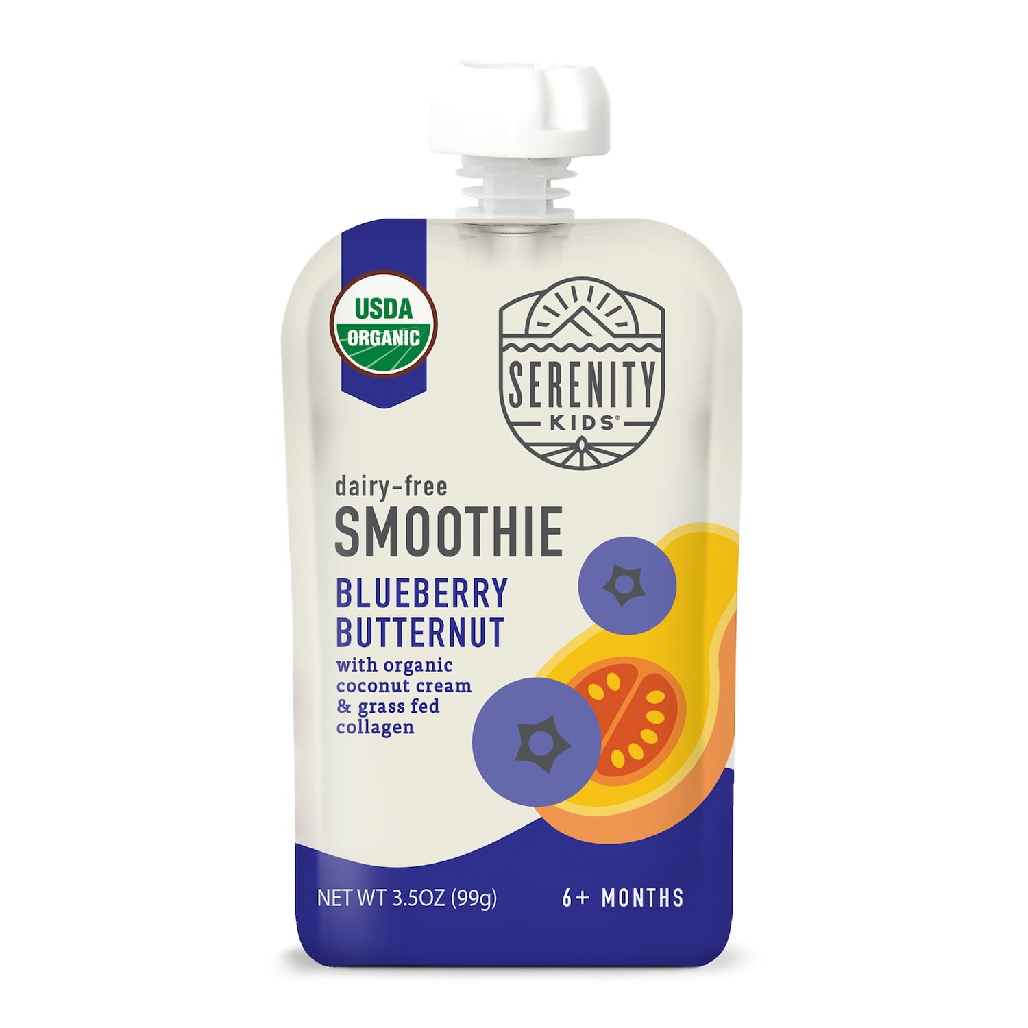 Serenity Kids Dairy Free Blueberry Butternut Smoothie with Organic Coconut Cream and Grass Fed Collagen, 3.5oz Pouch