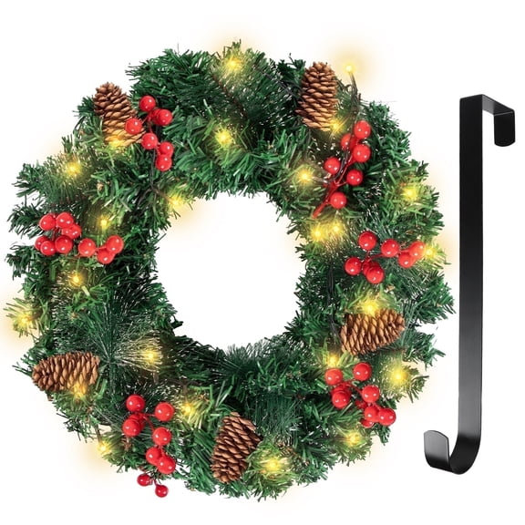 Ninonly 16Inch Christmas Wreath Pre-Lit Christmas Garlands 30 LEDs Lights 8 Modes Xmas Door Decoration for Mantle Outdoor Indoor Front Door