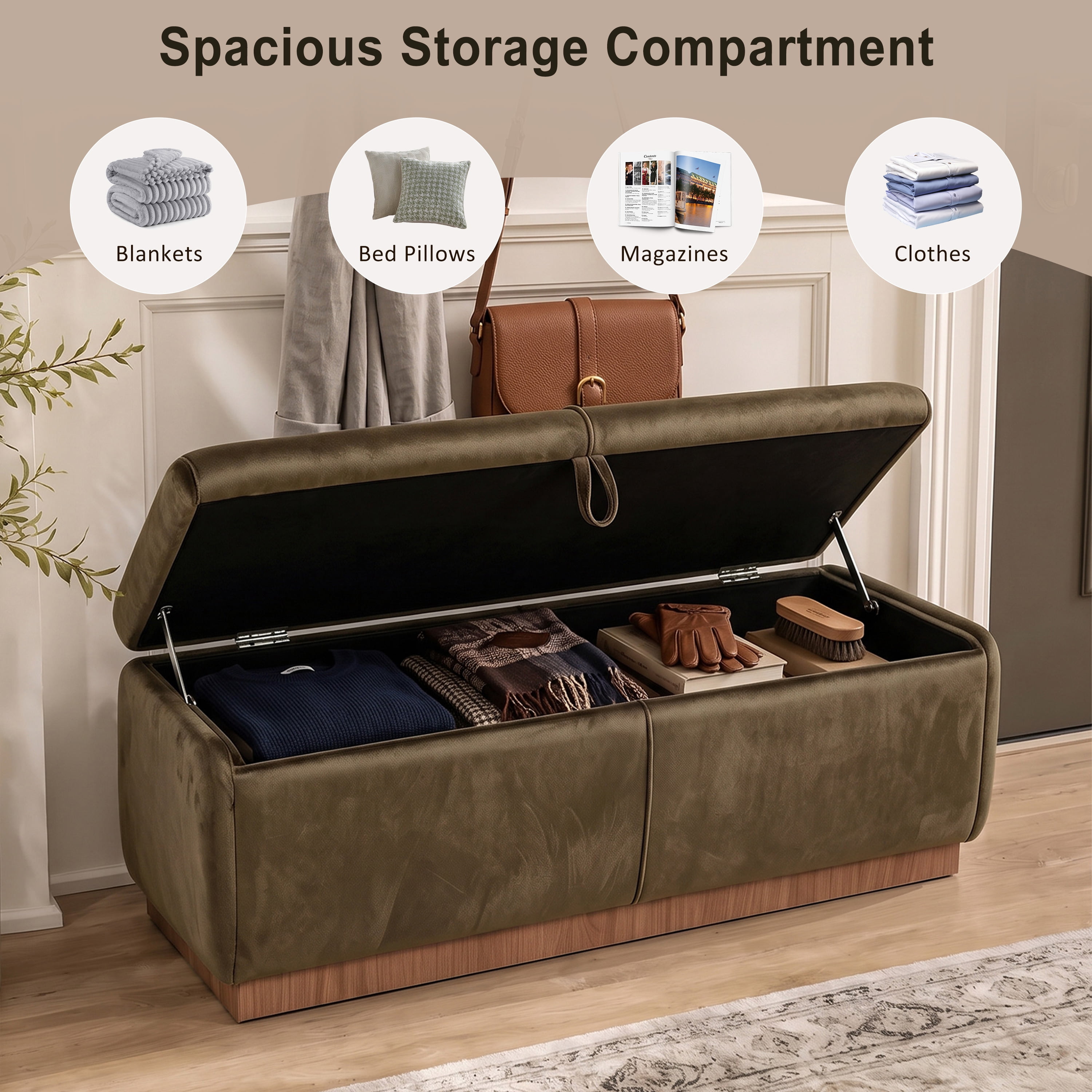 Euroco 47.2" Storage Ottoman Bench,Upholstered Footrest Entryway Bench, End of Bed Bench for Living Room Bedroom,Brown