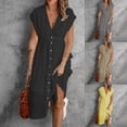 thumbnail image 1 of Gspmoly Robes pour Femmes, Robe Décontractée de Mode pour Femmes à Boutons en V, Manches Courtes, Taille Double, Couleur Unie, Robe Formelle pour Femmes Offres du Jour, 1 of 5