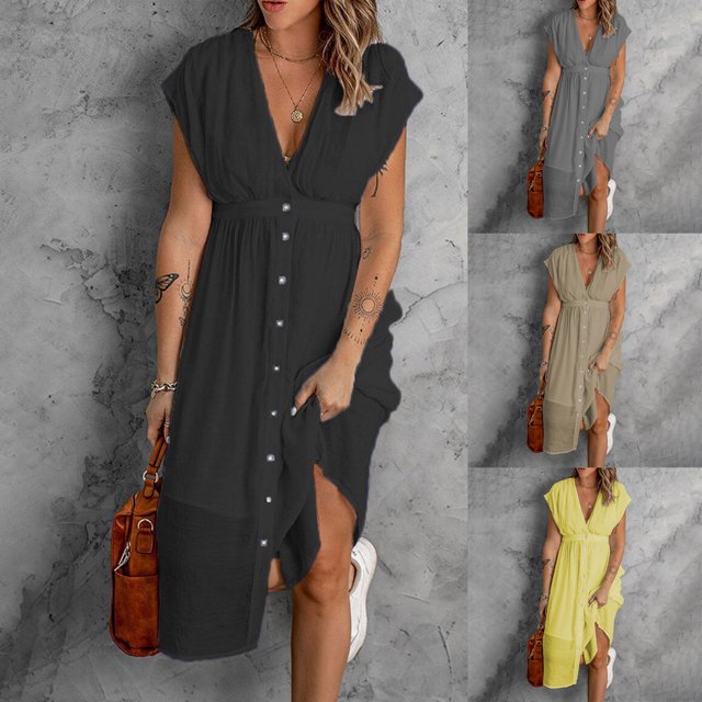 Gspmoly Robes pour Femmes, Robe Décontractée de Mode pour Femmes à Boutons en V, Manches Courtes, Taille Double, Couleur Unie, Robe Formelle pour Femmes Offres du Jour