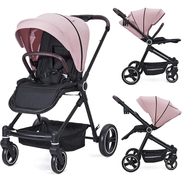 Rosa foldable baby stroller: high landscape, lightweight aluminum frame, waterproof fabric, reversible backrest, adjustable footrest, peekaboo canopy, grande almacenamiento basket, y cup holder