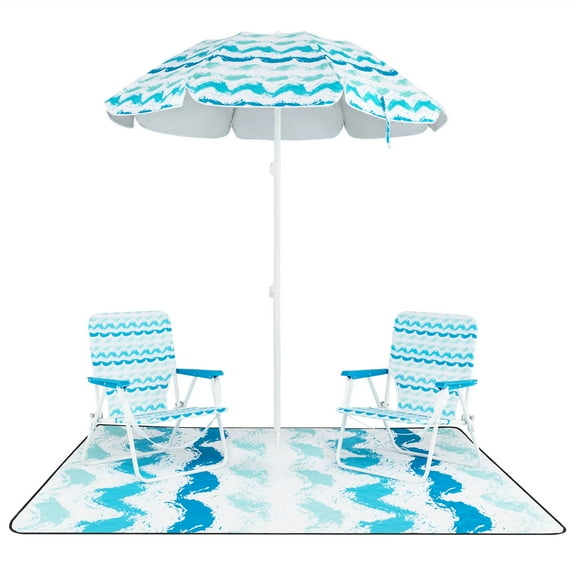 Costway 4 PCS Beach Umbrella Set with 2 Foldable Chairs & Picnic Blanket, Tilt Mechanism Blue