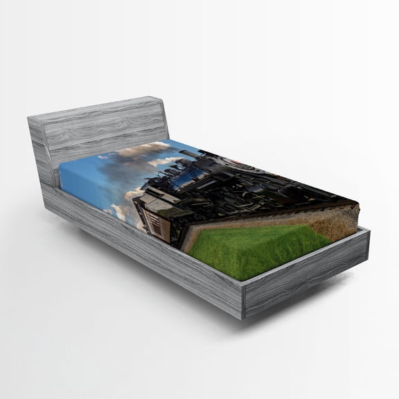 Ambesonne Steam Engine Fitted Sheet, Countryside Train, Twin Size, Blue Green Black