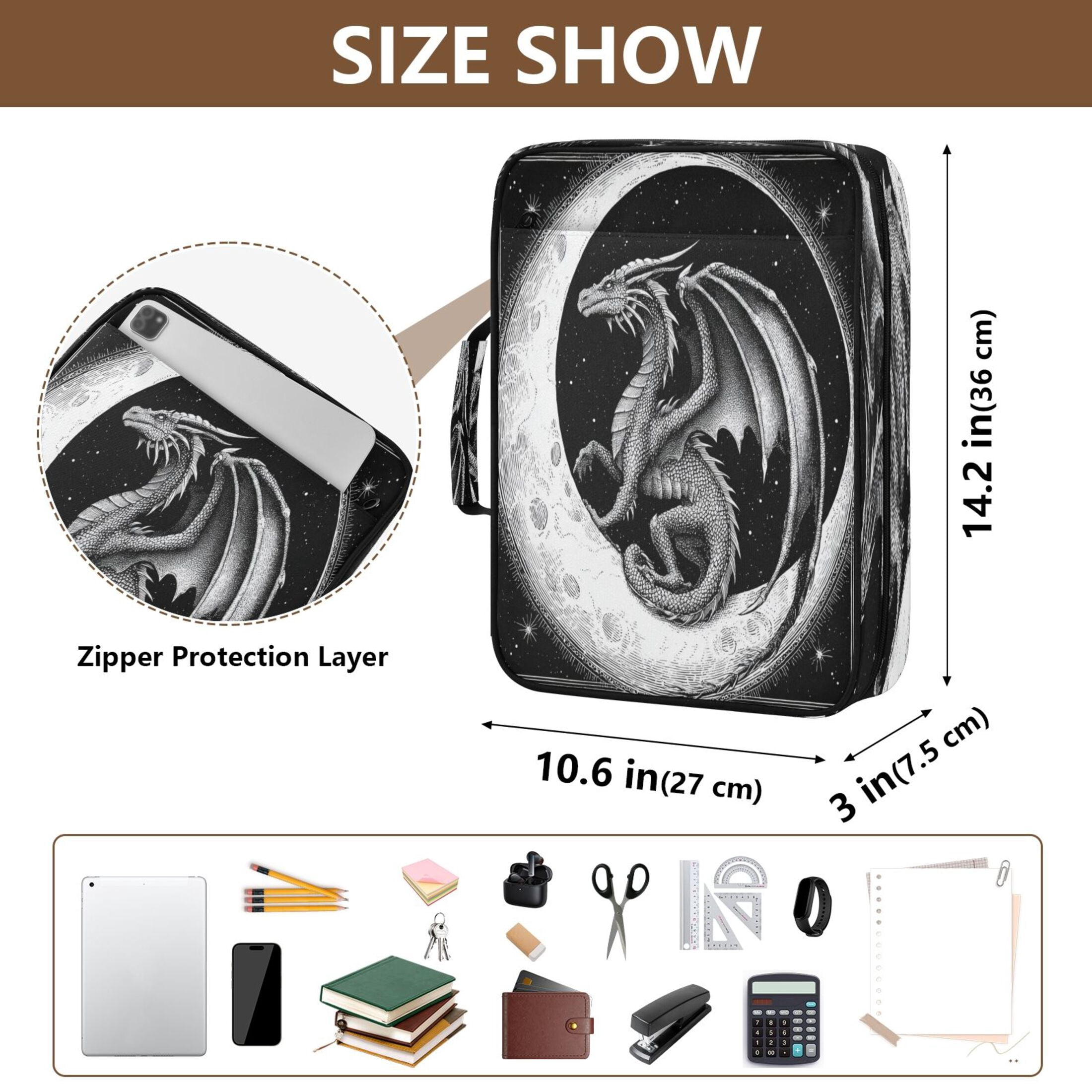 3 Ring Zipper Binder with Accordion File Organizer Waterproof Back to College Binder - 7 Layer Document Organizer for Study Home Office College Travel Supplies A Black Dragon