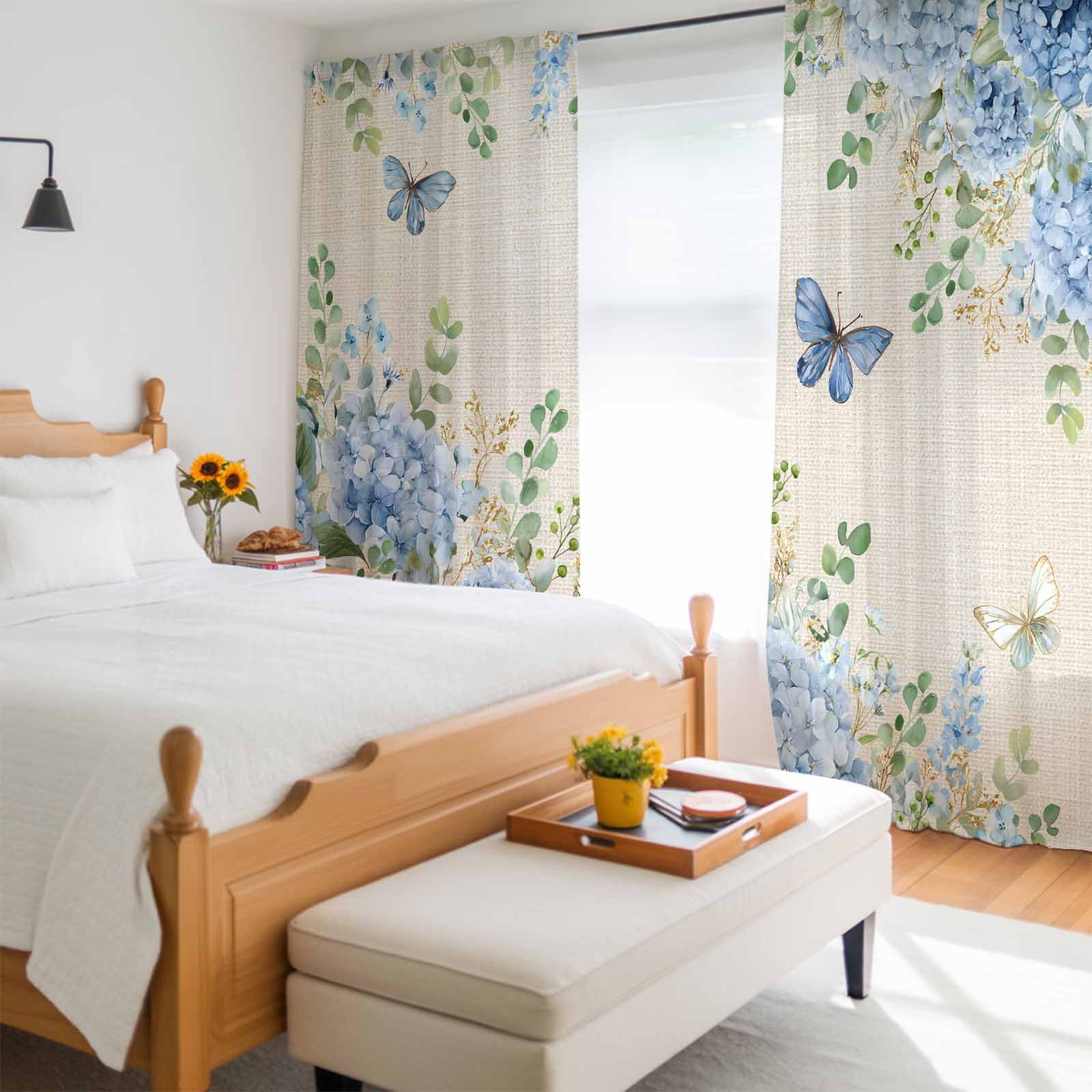 Blue Floral Sheer Curtains for Living Room Bedroom, Summer Country
