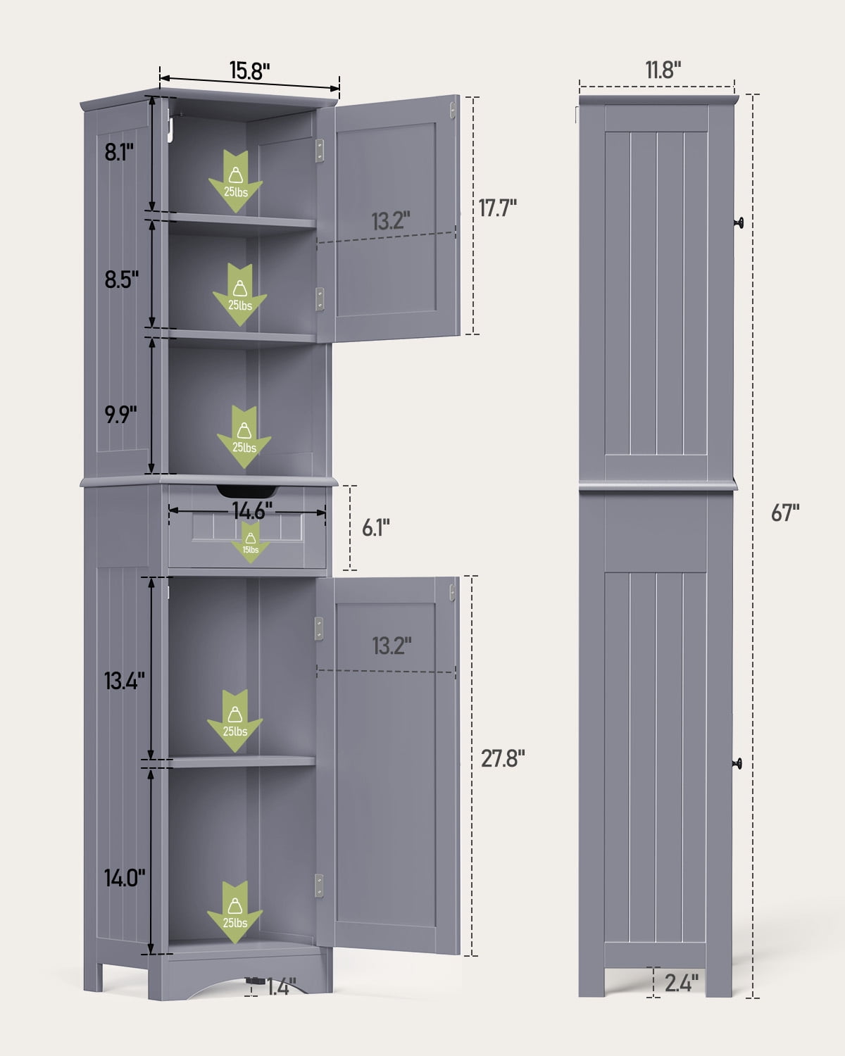 Aiho 67.2"H 2-Door Storage Cabinet – with Adjustable Shelves, Universal for Bathroom, Kitchen & Living Room Grey