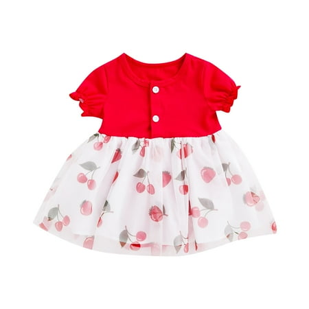 

Baby Summer Dress Cherry Lemon Printed Small Fresh Crew Neck Short Sleeve A-Line Casual Dresses Baby Sundress Streetwear