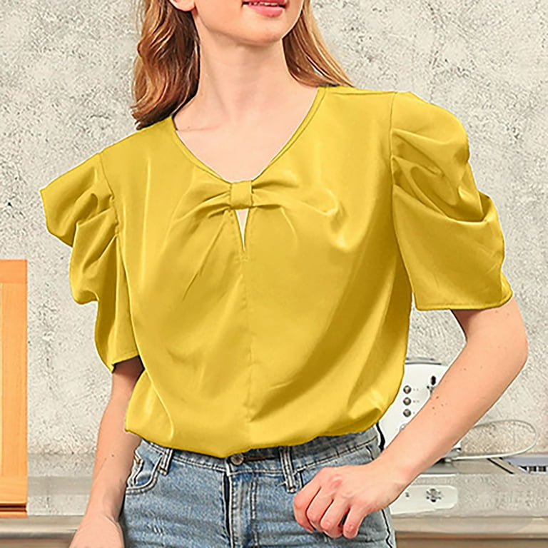 Ladies Elergant Tops Short Sleeve V Neck Slim Fit Dressy Tops for Women Solid Trendy Casual Shirts Blouses Yellow M Walmart