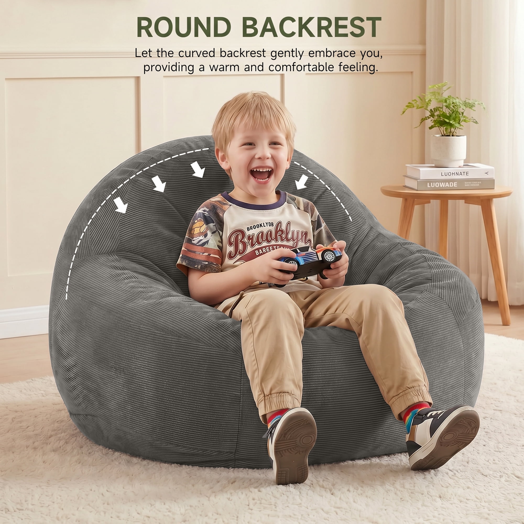 1PCS Kids Bean Bag Chair with Foam Filler, Corduroy Upholstered Bean Bag Sofa, No-Assembly Lazy Reading Chair