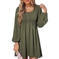 thumbnail image 1 of Vestido Corto Informal de Mujer con Cuello Redondo Fruncido, Botones, Larga y Cintura Entallada Verde L, 1 of 8