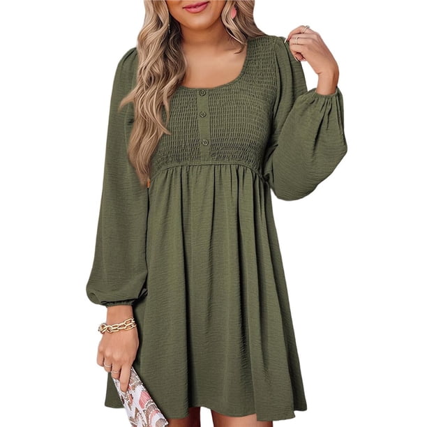 Vestido Corto Informal de Mujer con Cuello Redondo Fruncido, Botones, Larga y Cintura Entallada Verde M