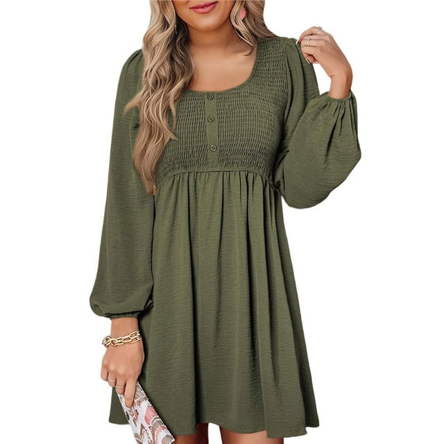 Vestido Corto Informal de Mujer con Cuello Redondo Fruncido, Botones, Larga y Cintura Entallada Verde L