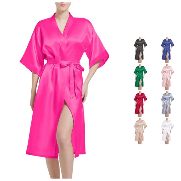 PMVFHDE Women Satin Bridal Dressing Gown Silk V Neck Bathrobe With Belt Hot Pink,L
