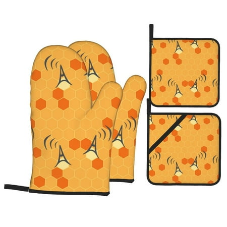 

Oven Mitts and Pot Holders 4 pcs Set Honeycomb Heat Resistant Pot Holders Oven Mitts for kitchen Non-Slip Hanging Loop Oven Glove Potholders for Baking Cooking