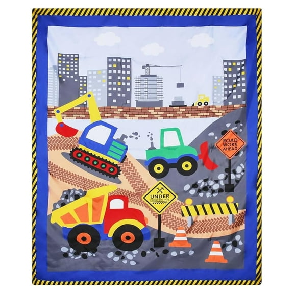 Construction Twin/Full Size Bed Comforter for Young Boys with Dump Trucks and Bulldozers; Toddler Boy Bedding for Building Decor; All Season Orange, Yellow and Blue Comforter
