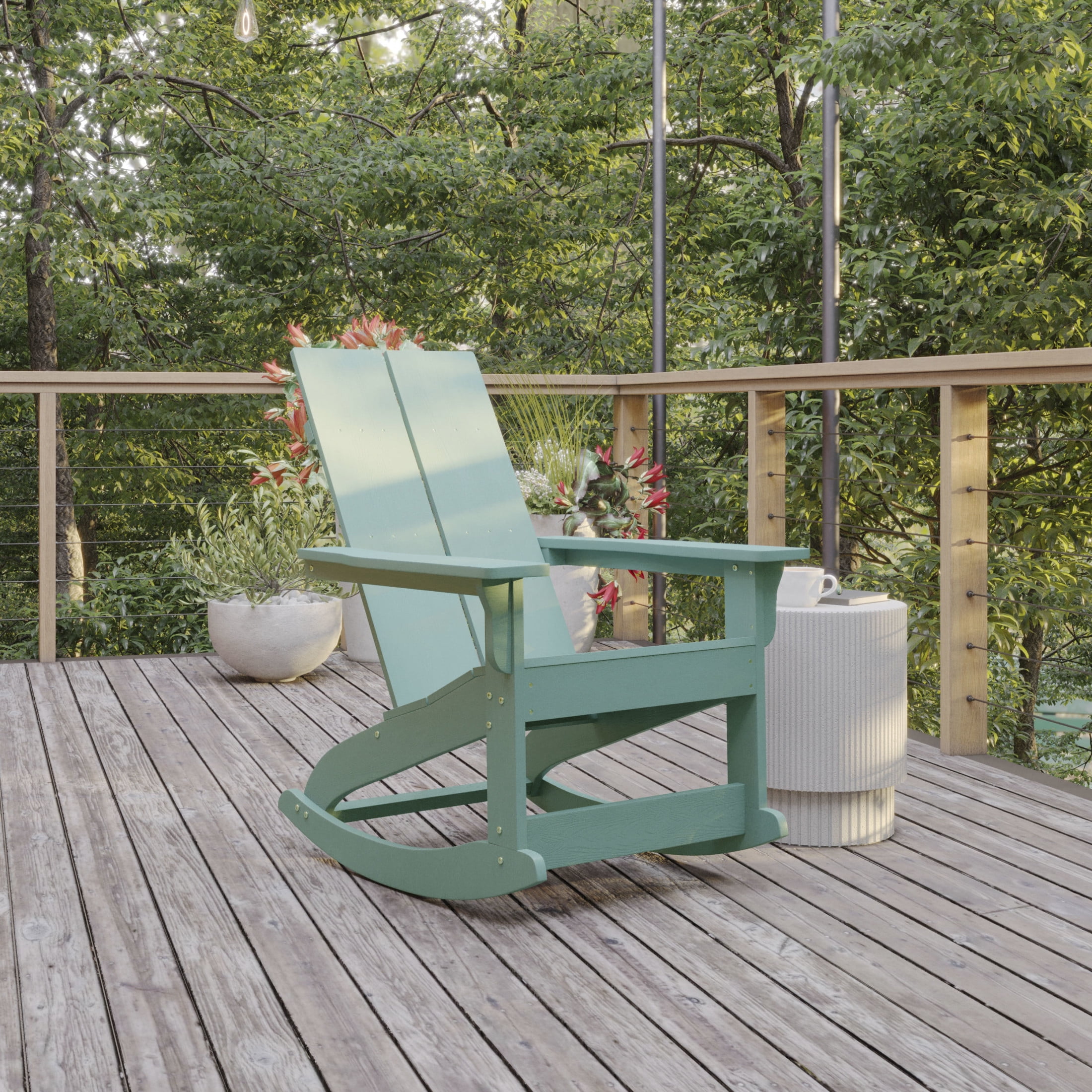 Flash Furniture Finn Modern Commercial Grade Poly Resin Wood Adirondack Rocking Chair - All Weather Sea Foam Polystyrene - Dual Slat Back - Stainless Steel Hardware