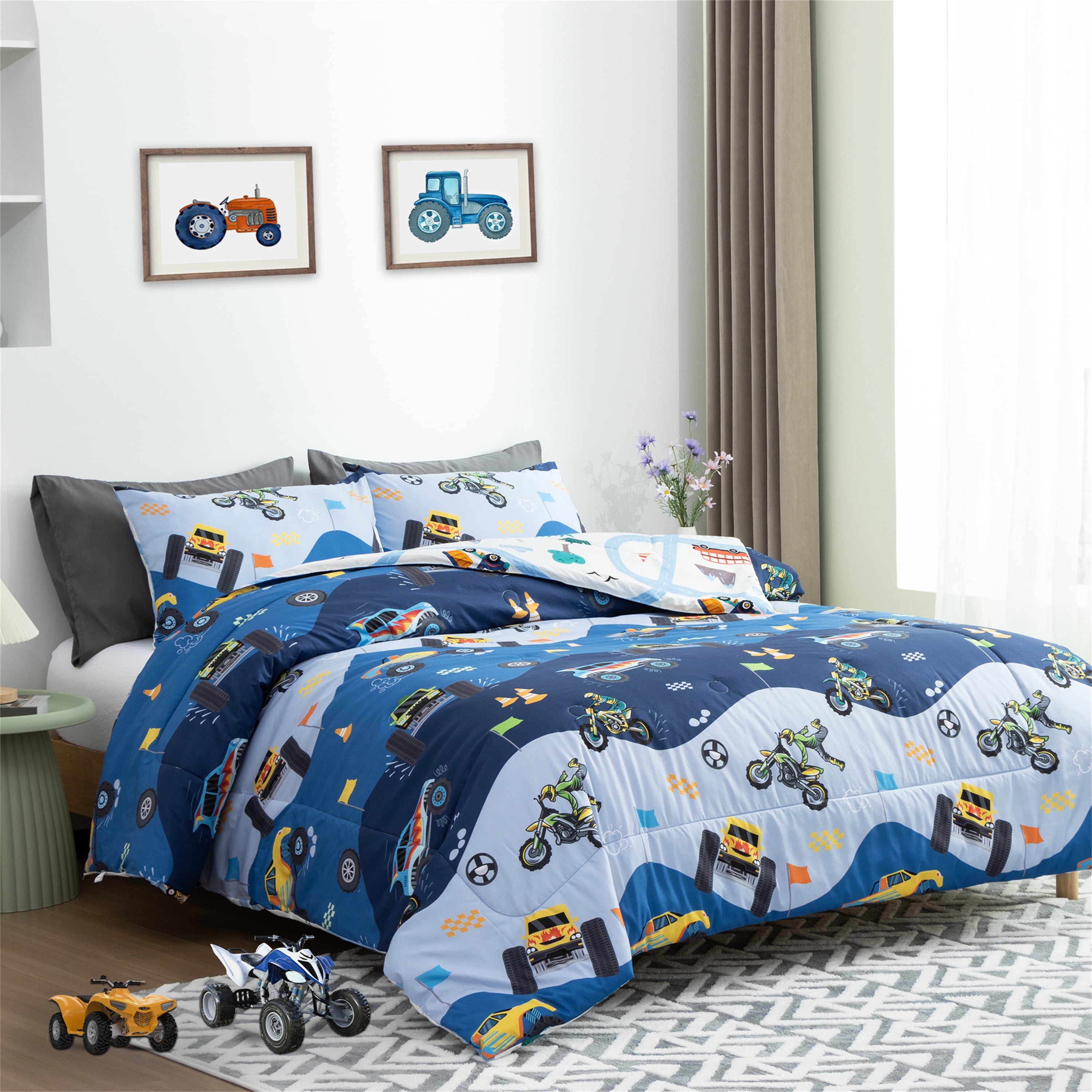 Btargot 3Pcs Reversible Cartoon Car Kids Off-Road Vehicle Comforter Set Full Race Car Motorcycle Construction Truck Bedding Set for Car Fans Boys Blue