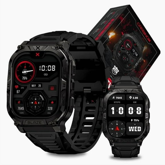 CARBINOX Blaze Smart Watch with GPS (Sport Mode), Rugged Fitness Tracker Waterproof IP69K, Compatible with Android and iOS, 170  Sports Modes, Gorilla Glass Screen, Make/Receive Calls (Square)