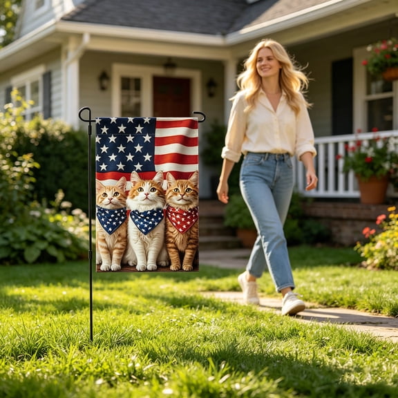 4th of July Patriotic Cat Garden Flag, 12×18In Double-Sided American Flag Yard Banner, Red White Blue Kitty Decor for Independence Day