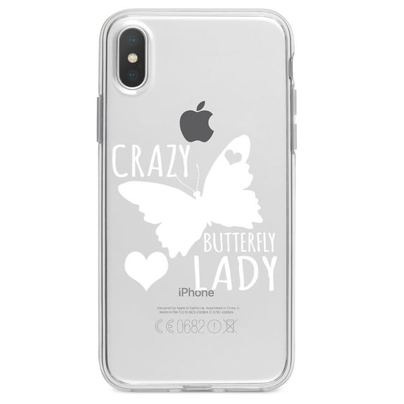 DistinctInk Clear Shockproof Hybrid Case for iPhone X / XS (5.8" Screen) - TPU Bumper Acrylic Back Tempered Glass Screen Protector - Crazy Butterfly Lady