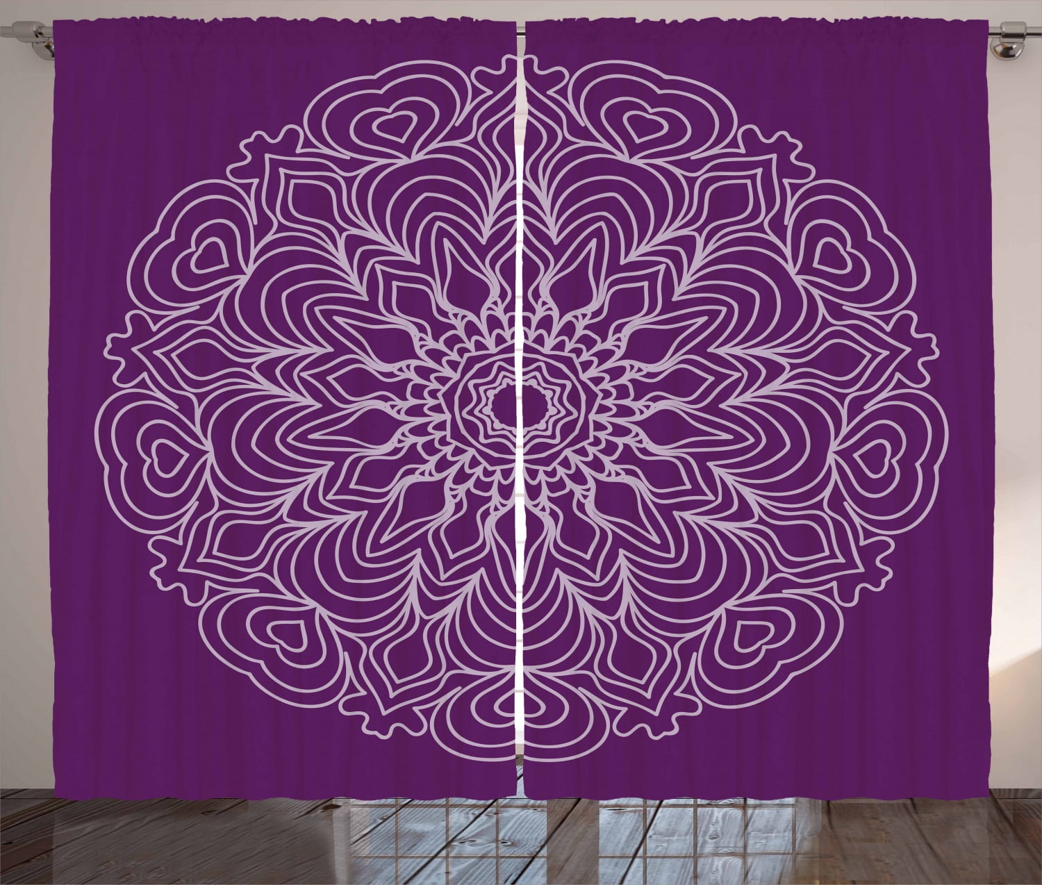 Purple Mandala Curtains 2 Panels Set, Lacework Curlicue Design with