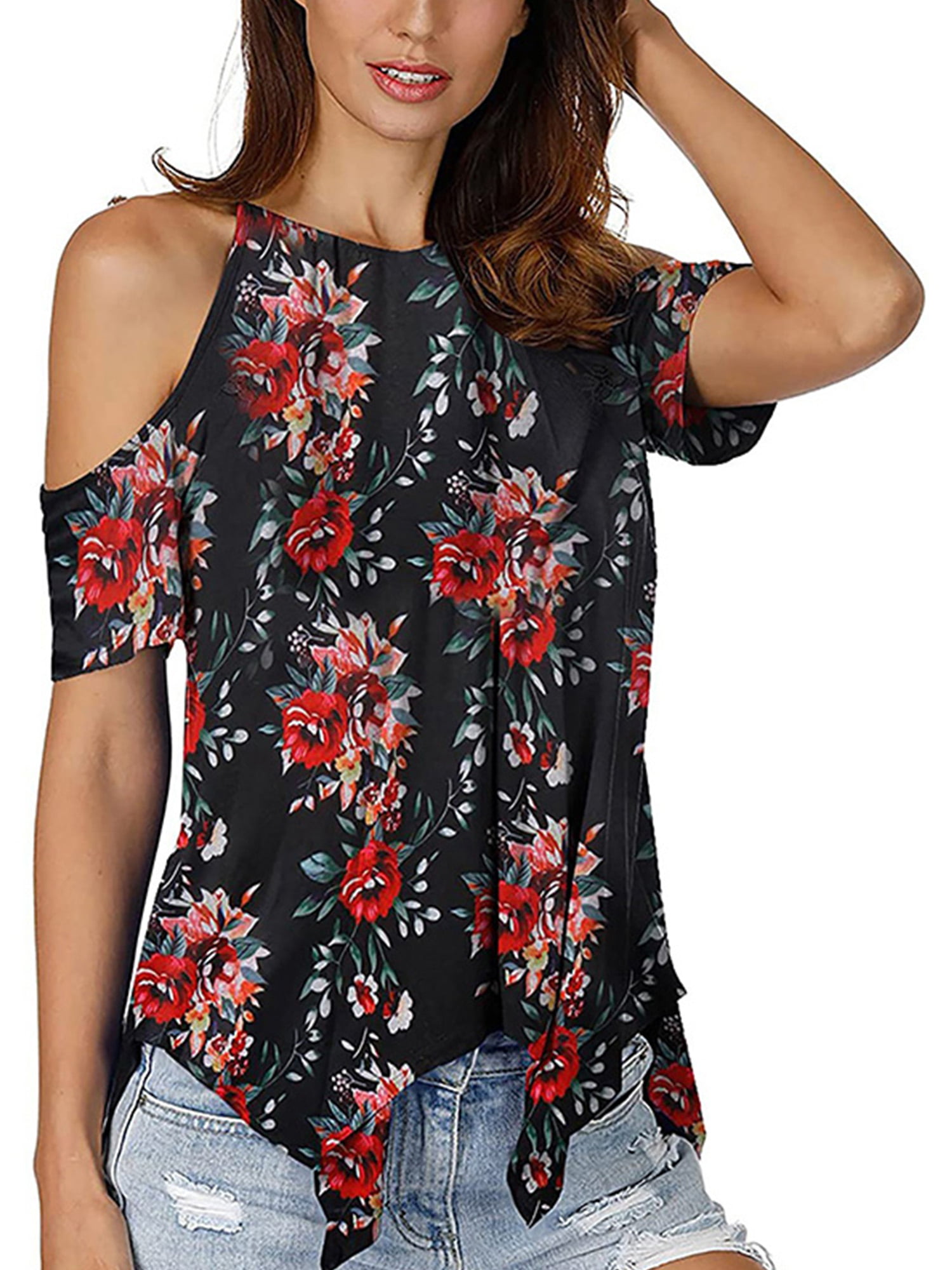 Womens Summer Tops Floral Print Cold Shoulder Short Sleeve Strappy Cold Shoulder T-shirt Tops Blouses Womens Tops