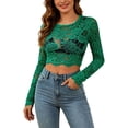 thumbnail image 2 of Womens Tshirts Lace Trim Long Sleeve Crop Top Slim Fit Crewneck Tops for Women Trendy Green L, 2 of 7