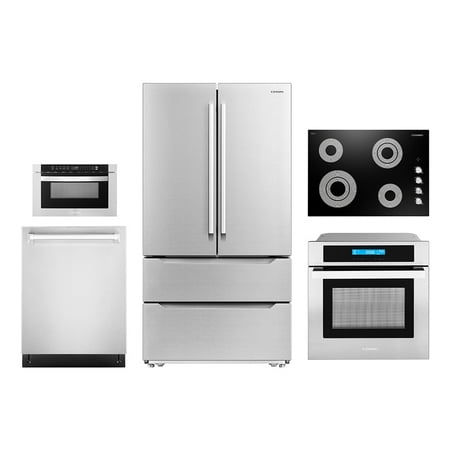 Cosmo 5 Piece Kitchen Appliance Package With 30  Electric Cooktop 24  Built-in Fully Integrated Dishwasher 24  Single Electric Wall Oven 30  Over-the-range Microwave & French Door Refrigerator