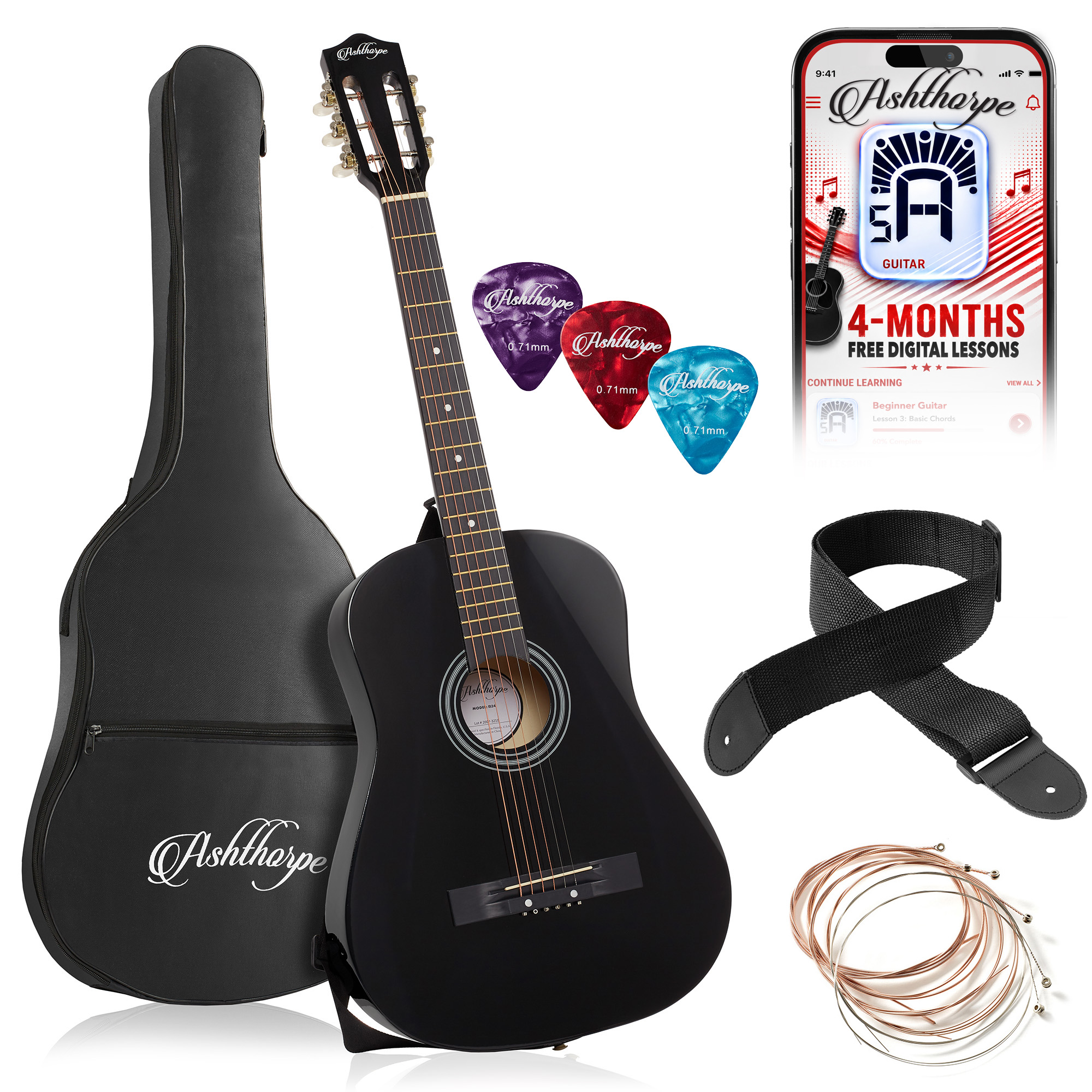 Ashthorpe 38in Beginner Acoustic Guitar Starter Kit Black
