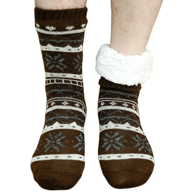 Men's Slipper Socks with Grips Non Slip Soft Fuzzy Cozy Fleece Lined Cable Knit Socks for Cold