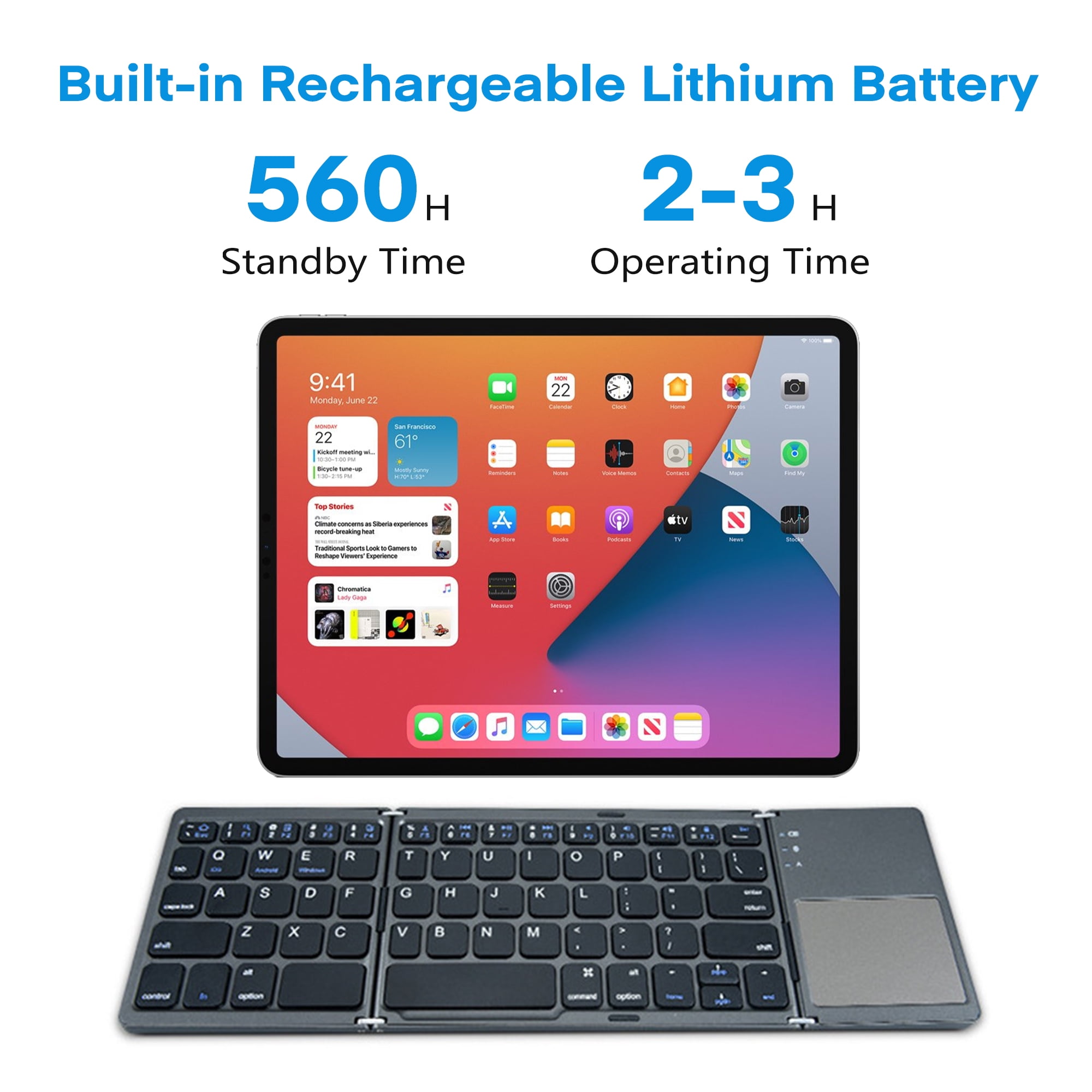 Kitgody Triple-Fold Bluetooth Keyboard with Touchpad, Portable & Silent Mini Keyboard for Windows, iOS Android, USB-C Rechargeable, Compact for Travel Laptop Tablet(Gray)