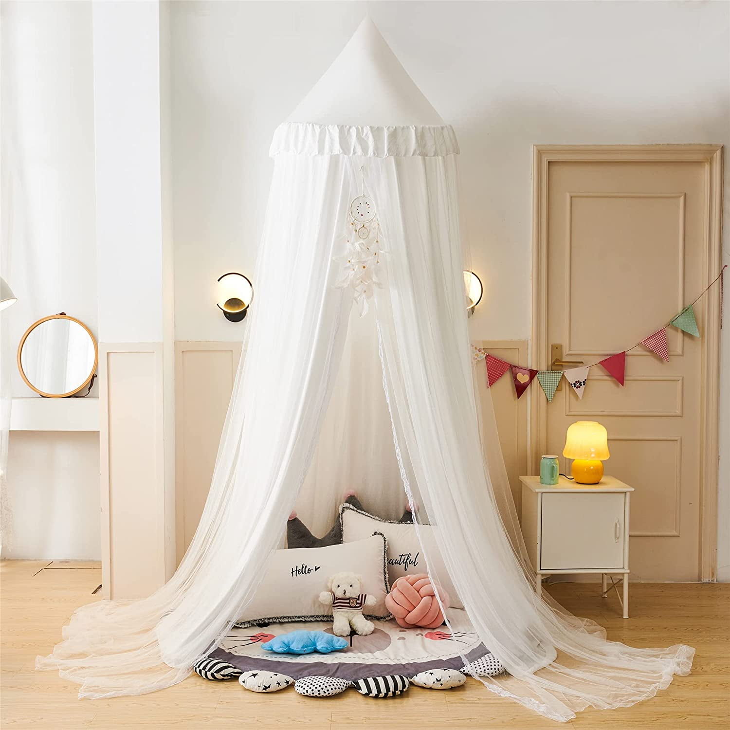 Bed Canopy for with Lights,Double Layer Princess Round Dome Dreamy Mosquito Net Bedding Girls Room Castle Play Tent Hanging House Decor Reading Nook Canopies(Beige Pink/White)